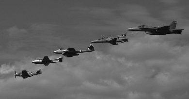 A RAAF heritage formation at the RAAF Base Amberley Airshow 2008 – Mustang, Vampire, Meteor, Hawk, Hornet. Photo by Brian Hartigan.