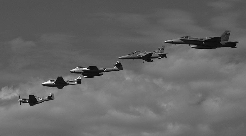 A RAAF heritage formation at the RAAF Base Amberley Airshow 2008 – Mustang, Vampire, Meteor, Hawk, Hornet. Photo by Brian Hartigan.