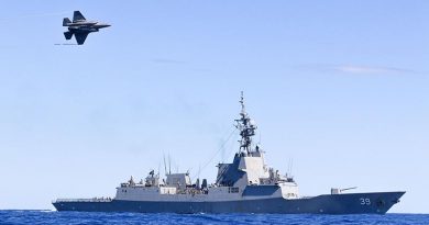 A Royal Australian Air Force F-35A Lightning conducts a flypast over HMAS Hobart during Exercise Tasman Shield 21 off the east coast of Australia. Photo by Petty officer Brendan Matchett.