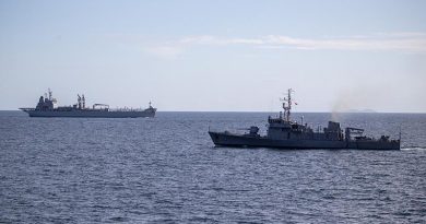 HMAS Sirius sails past Philippine Navy ship BRP Emilio Jacinto during a passage exercise in the Sulu Sea. Photo by Leading Seaman Thomas Sawtell.