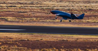 The Boeing Australia Airpower Teaming System Loyal Wingman lands at the end of its first flight at Woomera, South Australia. Photographer unnamed.