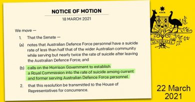 Notice of Motion in Australian Senate calling for a Royal Commission into ADF and veteran suicide