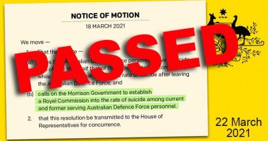 A motion calling on the overnment to establish a Royal Commission into veteran suicide passed the Lower House, 22 March 2021.