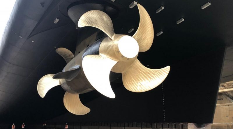 The completed pod installation includes a new four-blade propeller arrangement