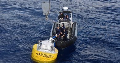 A RHIB crew from HMNZS Aotearoa secures the tsunami-detection buoy in preparation for the ship’s crane to lift it aboard. NZDF photo.