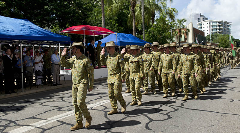 Commanding Officer of Combined Team Uruzgan Rotation Four, Colonel Simon Stuart, leads his unit during the welcome home parade in Darwin. Photo by Corporal Bill Solomon.