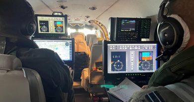 Air Mission Training School instructors Flight Lieutenants Sam de Boer, left, and Andrew Tyson conduct functional testing on the new Mission Airborne Training System. Story by Flight Lieutenant Julia Ravell. Photo by Squadron Leader Charles Tomlinson.