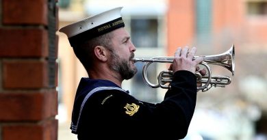 Leading Seaman Musician Marcus Salone plays the Last Post during a memorial service held on completion of the Freedom of Entry at the Bathurst War Memorial. Story by Sebastian Beurich.