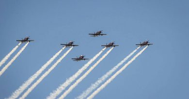 Air Force aerobatic team, the Roulettes, performs an aerobatic display with six Pilatus PC-21 aircraft from the Central Flying School during the 2021 Hunter Valley Airshow. Photo by Sergeant Nunu Campos.