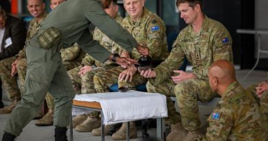 Private Sireli Levukaiciwa from the Republic of Fiji Military Forces gives Kava to the Commanding Officer of 8th/9th Battalion, the Royal Australian Regiment, Lieutenant Colonel John Eccleston. Photo by Private Jacob Hilton.