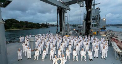 The commissioning crew of NUSHIP Supply stands on the deck while berthed alongside FBE on March 18. Photo by Able Seaman Daniel Goodman.