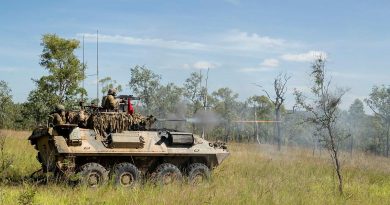 Soldiers from the 2nd Cavalry Regiment engage an enemy position with the Australian Light Armoured Vehicle’s 25mm M242 Bushmaster Chain Gun during a troop live-fire attack. Photo by Corporal Brodie Cross.