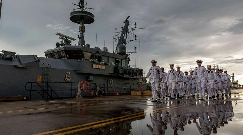 Commanding Officer HMAS Pirie Lieutenant Commander Sean Dalton leads the ship's company as they march off after the patrol boat’s decommissioning at HMAS Coonawarra in Darwin. Photo by Leading Seaman Shane Cameron.