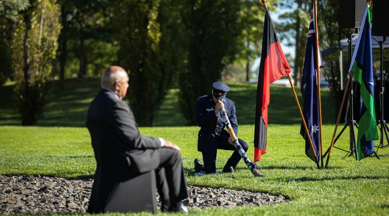 Uncle Harry Allie, left, and Aircraftman Steven Ahoy at the Australian War Memorial during the Welcome Ceremony for Air Force’s Centenary commemorations. Photo by Leading Aircraftman Adam Abela.