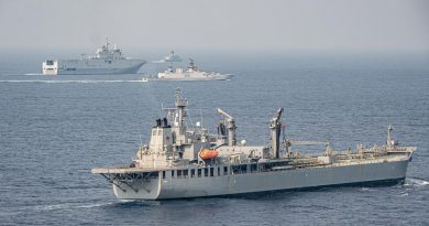 HMAS Sirius sails in company with frigates INS Kiltan of the Indian Navy and FS Surcouf of the French Navy, in the Bay of Bengal during Exercise La Perouse.