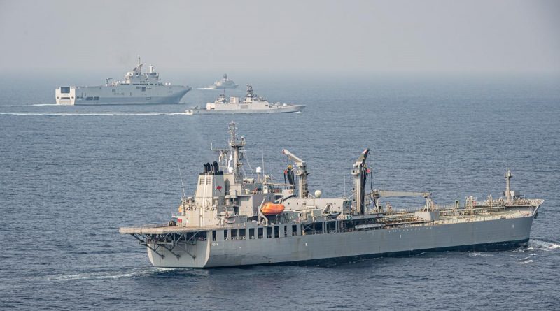 HMAS Sirius sails in company with frigates INS Kiltan of the Indian Navy and FS Surcouf of the French Navy, in the Bay of Bengal during Exercise La Perouse.