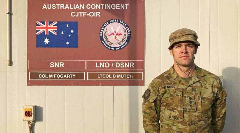 Captain Alex Heuston, from Singleton, NSW, is currently deployed as a military adviser and will be at Camp Arifjan, Kuwait, on Anzac Day. Story by Lieutenant Commander Andrew Ragless.