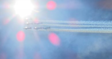 The RAAF Roulettes fly under the sun. Photo: Mike Hughes.