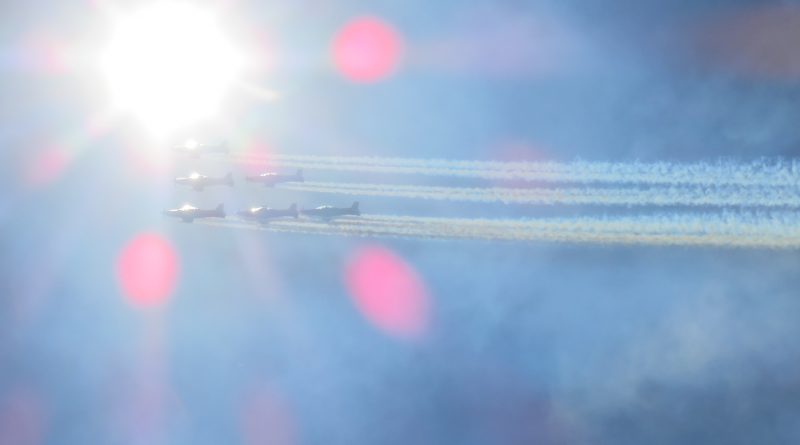 The RAAF Roulettes fly under the sun. Photo: Mike Hughes.