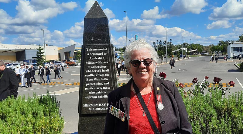 Former military nurse Colleen Crabb at the Nurses Memorial Plinth in Hervey Bay on ANZAC Day 2021.