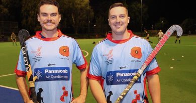 Norths Hockey Club players Jack Tucker and Australian Army Craftsman Peter Hamilton, of Gallipoli Barracks in Brisbane, wearing the special Diggers Appreciation Day jerseys.