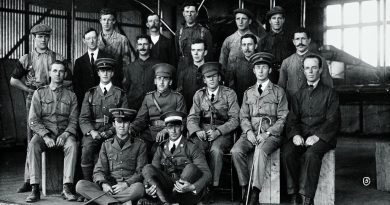 At the Central Flying School. Lieutenant George Merz is seated (second row from front) second from left, Captain Henry Petre is seated third from left and Lieutenant Eric Harrison is seated fourth from left. Story by Wing Commander Mary Anne Whiting. Photo by Australian War Memorial.