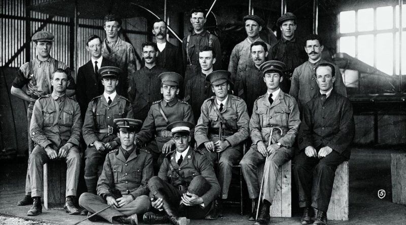 At the Central Flying School. Lieutenant George Merz is seated (second row from front) second from left, Captain Henry Petre is seated third from left and Lieutenant Eric Harrison is seated fourth from left. Story by Wing Commander Mary Anne Whiting. Photo by Australian War Memorial.