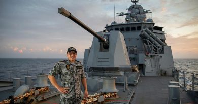 Lieutenant Lazarus Lai De Oliveira, on the forecastle of HMAS Anzac. Story by Lieutenant Geoff Long. Photo by Leading Seaman Thomas Sawtell.