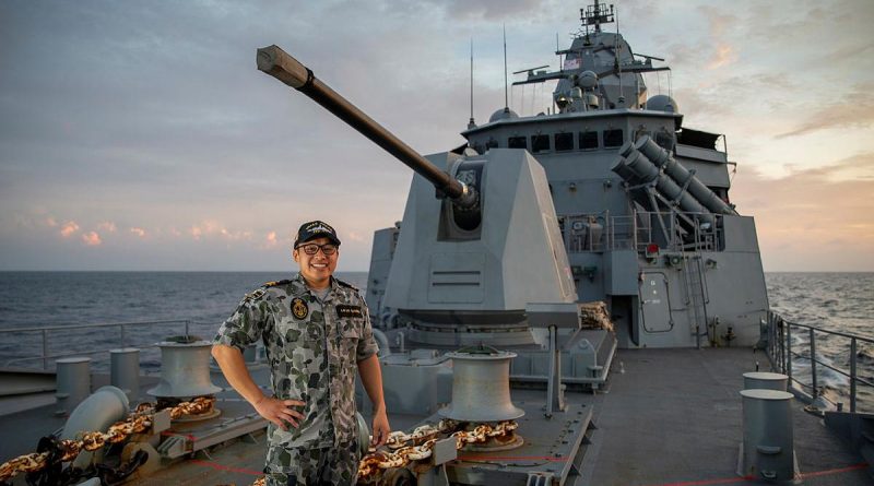 Lieutenant Lazarus Lai De Oliveira, on the forecastle of HMAS Anzac. Story by Lieutenant Geoff Long. Photo by Leading Seaman Thomas Sawtell.