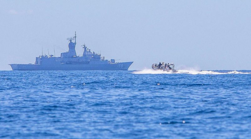HMAS Ballarat uses a rigid-hulled inflatable boat to search for the missing Indonesian submarine KRI Nanggala. Photo by Leading Seaman Ernesto Sanchez.