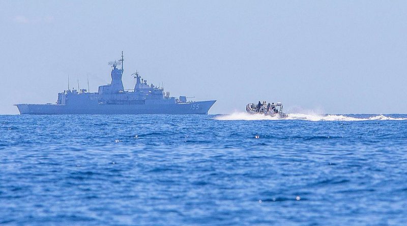 HMAS Ballarat uses a rigid-hulled inflatable boat to search for the missing Indonesian submarine KRI Nanggala. Photo by Leading Seaman Ernesto Sanchez.