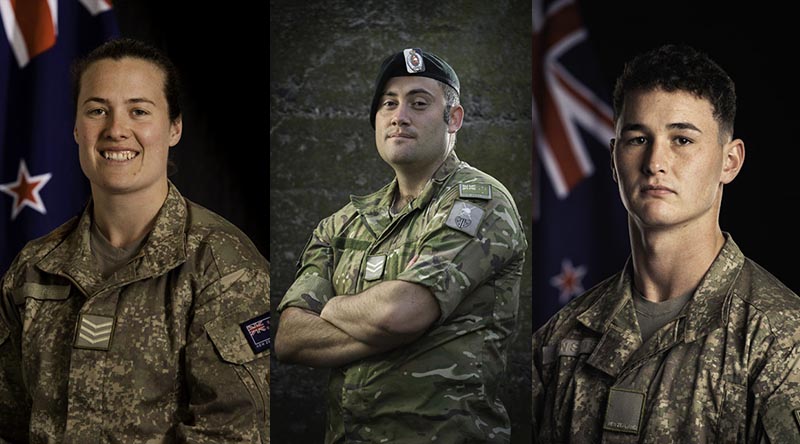 Corporal Jessica Healey-Render, Corporal Charles Munns, Private Maddison Van Sitter – all recognised for their actions following a deadly rocket attack at Taji Military Camp in March 2020. NZDF photo.