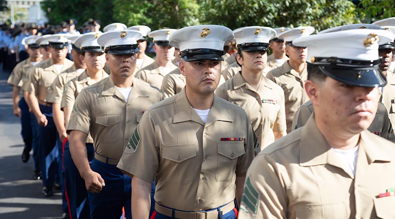 United States Marines from the Marine Rotational Force - Darwin participate in Darwin's 2021 ANZAC Day march. Photo by Petty Officer Peter Thompson.