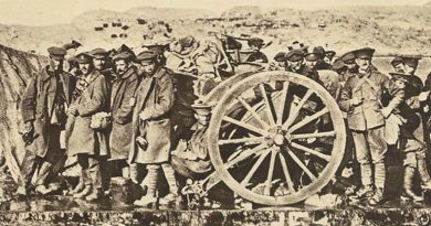 An evacuation raft built by the Royal Australian Navy Bridging Train is shown evacuating artillerymen with a field gun in January 1915. The rafts were towed by lighters during the evacuation from Gallipoli.