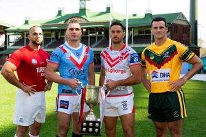 Turkish captain Arda Dalcik, left, Sydney Roosters captain Angus Crichton, St George Illawarra Dragons captain Corey Norman and ADF Rugby League captain Able Seaman Connor McCabe at the Sydney Cricket Ground. Photo by Able Seaman Sittichai Sakonpoonpol.