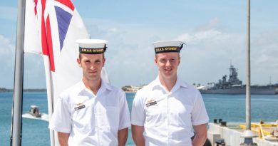 Seaman Sebastien Schultz and Seaman Jack Woolmer on their first international port visit on board HMAS Sydney in Pearl Harbor. Photo by Able Seaman Jasmine Mood.