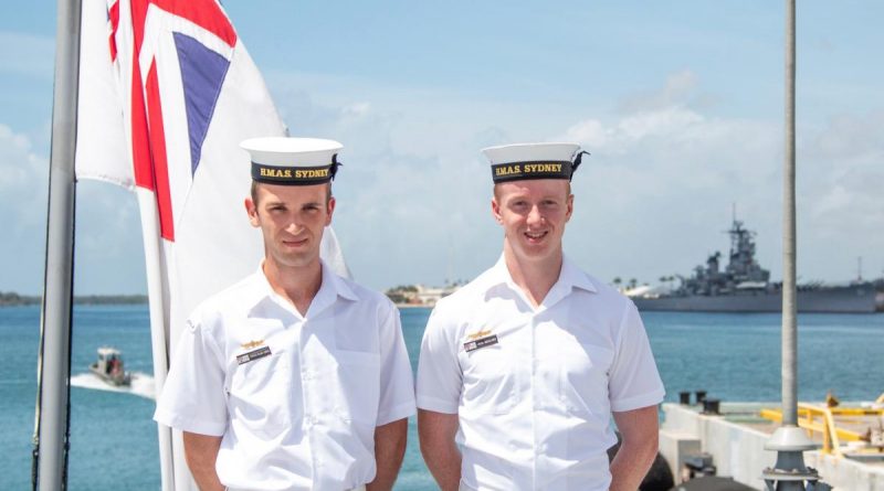 Seaman Sebastien Schultz and Seaman Jack Woolmer on their first international port visit on board HMAS Sydney in Pearl Harbor. Photo by Able Seaman Jasmine Mood.