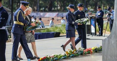 Chief of Air Force Air Marshal Mel Hupfeld, left, his wife Louise Hupfeld, Warrant Officer of the Air Force Fiona Grasby, and Leading Aircraftwoman Victoria Farell lay wreaths at the Air Force memorial. Photo by Leading Aircraftwoman Jacqueline Forrester.