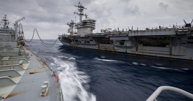 HMAS Sirius conducts a replenishment at sea with USS Theodore Roosevelt on her current deployment. Photo by Leading Seaman Thoms Sawtell.