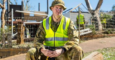 Private Scott Thompson at St Mary's Primary School, Northampton, WA, during the clean-up following Tropical Cyclone Seroja. Story by Captain Zoe Griffyn. Photo by Leading Seaman Kieren Whiteley.