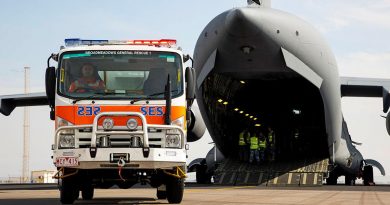 A Victorian State Emergency Service is driven off an Air Force C-17A Globemaster III aircraft, after being delivered from to Geraldton in Western Australia from Melbourne. Story by Eamon Hamilton. Photo by Leading Seaman Kieren Whiteley.