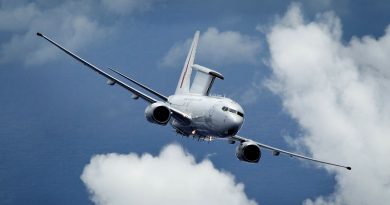 A No. 2 Squadron E-7A Wedgetail aircraft soars through the clouds on a training sortie. Photo by Corporal Shannon McCarthy.