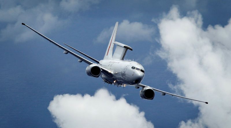 A No. 2 Squadron E-7A Wedgetail aircraft soars through the clouds on a training sortie. Photo by Corporal Shannon McCarthy.