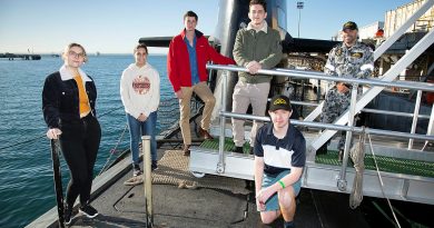 (L-R) National Submarine Tour and Competition winners stand with Petty Officer Maritime Logistics-Chef Submarines Erol Williams from the Submarine Recruiting Team on HMAS Collins at Fleet Base West in Western Australia. Story by Carrie Robards. Photo by Chief Petty Officer Damian Pawlenko.