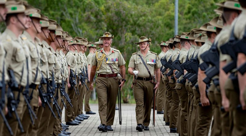 Colonel Commandant of the Royal Australian Regiment, Major General Shane Caughey, AM, CSC, inspects the soldiers of the 3rd Battalion, The Royal Australian Regiment, during the 70th Anniversary Battle of Kapyong commemoration parade, held at Lavarack Barracks, Queensland. Story by Captain Lily Charles. Photo by Private Samuel Spears.