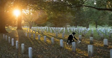 Original photo: Sunrise in Section 35 of Arlington National Cemetery, Arlington, Virginia. US Army photo by Elizabeth Fraser/Arlington National Cemetery. Grieving mother digitally inserted by CONTACT.