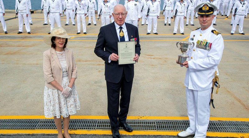 Governor-General General (retd) David Hurley, centre, and his wife Linda Hurley present the 2020 Duke of Gloucester Cup to Commanding Officer HMAS Arunta Commander Anthony Nagle. Story by Acting Sub-Lieutenant Jack Meadows. Photo by by Leading Seaman Richard Cordell.