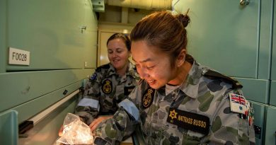 Leading Seaman Tayler Hawkins, left, and Able Seaman Katie Nattrass Russo conduct a stores muster on board HMAS Ballarat during the ship's current regional presence deployment. Story by Lieutenant Gary McHugh. Photo by Leading Seaman Ernesto Sanchez.