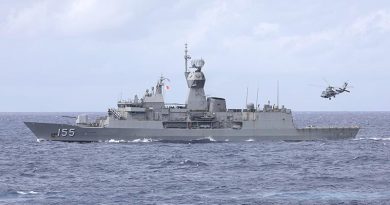 HMAS Ballarat and her embarked MH-60R helicopter on the ship's south-east Asian deployment, May 2021. Photo by Leading Seaman Jarrod Mulvihill.