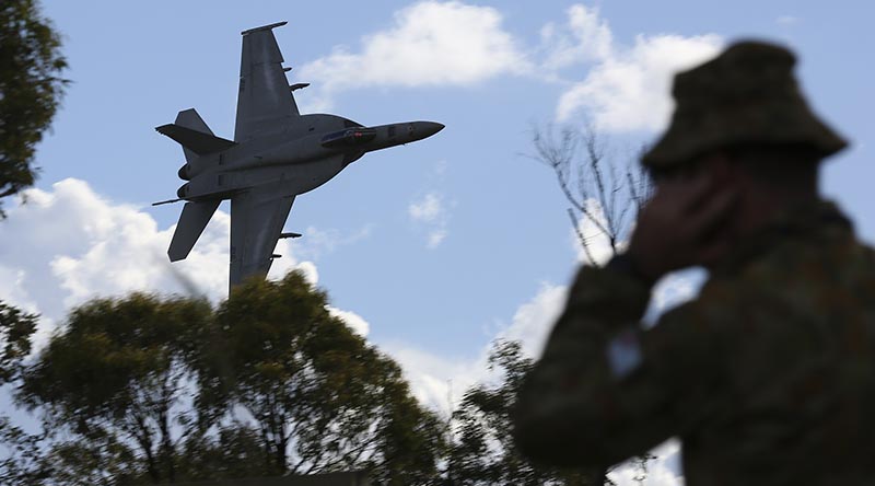 A US Navy F/A-18E Super Hornet from Strike Fighter Squadron 27 conducts a show of force during Exercise Black Dagger 2017. Photo by Sergeant Kirk Peacock.